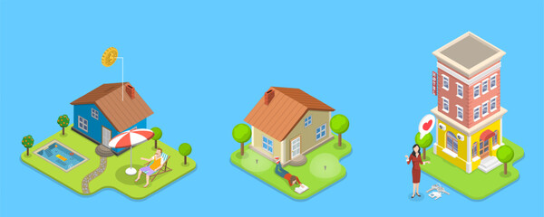 3D Isometric Flat Vector Illustration of Real Estate Types, Condominium, Detached House or Appartment