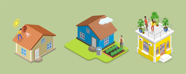 3D Isometric Flat Vector Illustration of Rooftop Garden, Patio on Cityscape