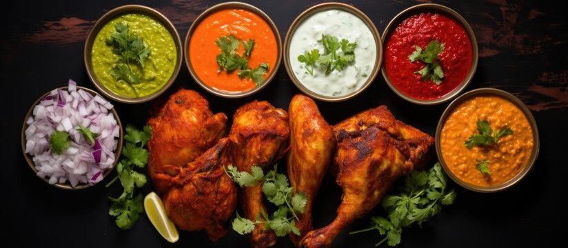 Top view of tandoori chicken leg with diverse traditional sauces.