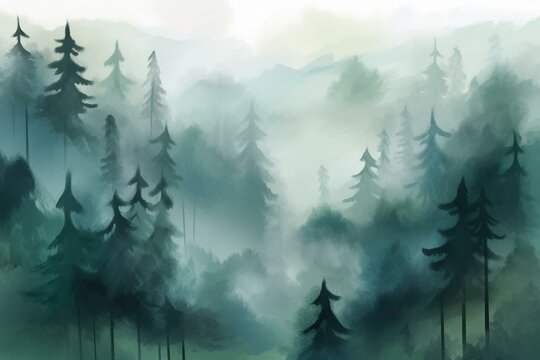 A top view illustration of trees in a forest enveloped in fog. Generative AI
