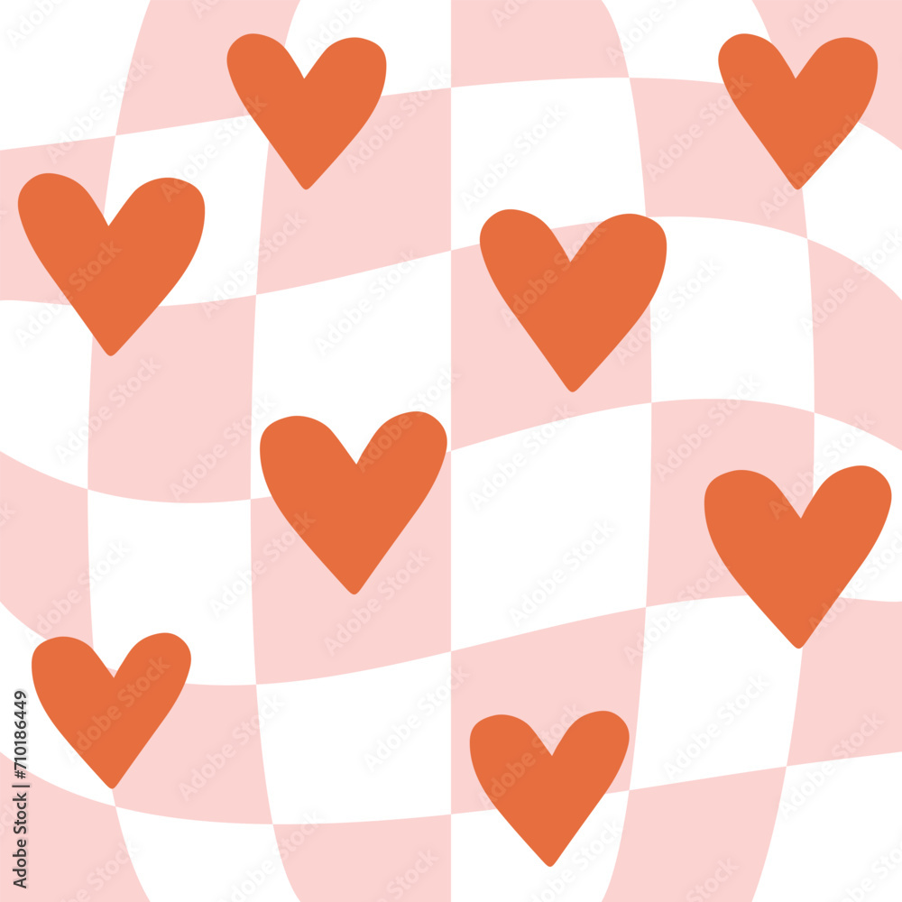 Wall mural vector seamless pattern of groovy hearts on pink chessboard background