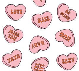 Vector seamless pattern of groovy retro cartoon Valentine love candies isolated on white background