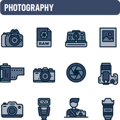 Photography icons. Vector set of cameras and photographer. Color icon design.