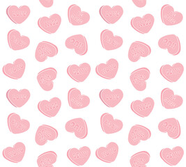 Vector seamless pattern of groovy retro cartoon pink Valentine love candies isolated on white background