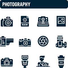 Photography icons. Vector set of cameras and photographer. Filled icon design.