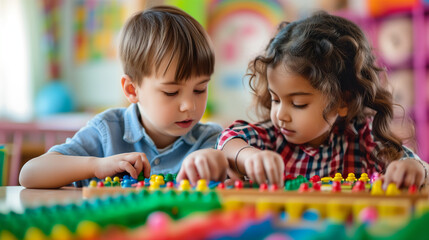a boy and a girl, kids of different nationalities are practicing mental arithmetic in the kindergarten. - obrazy, fototapety, plakaty