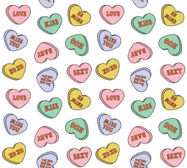 Vector seamless pattern of groovy retro cartoon colored Valentine love candies isolated on white background