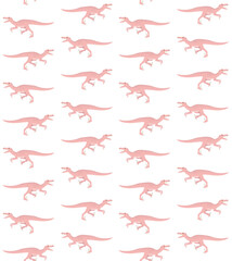 Vector seamless pattern of hand drawn flat pink velociraptor dinosaur isolated on white background