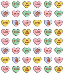 Vector seamless pattern of different color groovy retro cartoon Valentine love candies isolated on white background