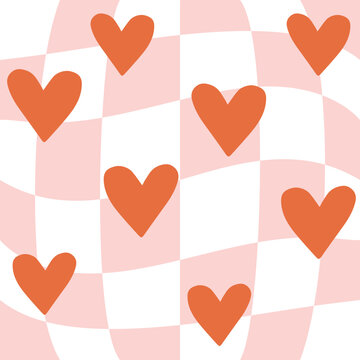 Vector seamless pattern of groovy hearts on pink chessboard background