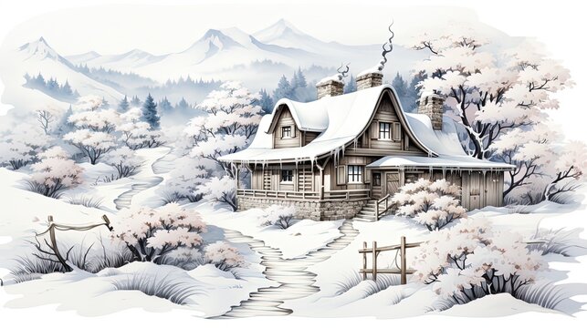 Snowy Countryside House with Watercolor Effect