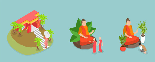 Fototapeta premium 3D Isometric Flat Vector Illustration of Buddhist Pilgrimage, Meditating and Chanting