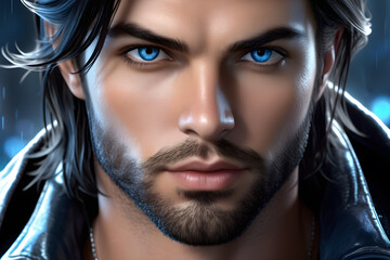 Handsome man with long black hair generated with AI