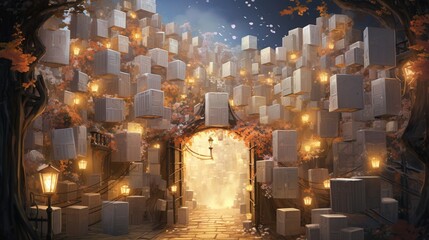 A whimsical gate covered in giant gift boxes, each emitting a soft glow