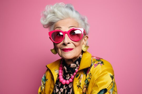 Fashionable senior woman in bright clothes and sunglasses posing over pink background.