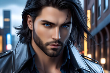 Handsome man with long black hair generated with AI