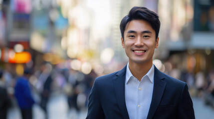 A smiling young Asian businessman in a suit walks along a busy city street, heading to the office. The blurred, bustling street creates a dynamic backdrop.