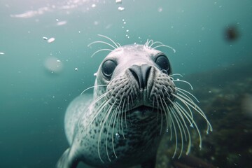 A sleek harbor seal with whiskers gracefully swims underwater, embodying the beauty and power of aquatic mammals in their natural habitat