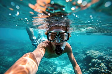 A skilled swimmer, equipped with diving gear and an oxygen mask, explores the depths of an underwater world, mesmerized by the aqua surroundings and embracing the freedom of being an aquanaut - obrazy, fototapety, plakaty