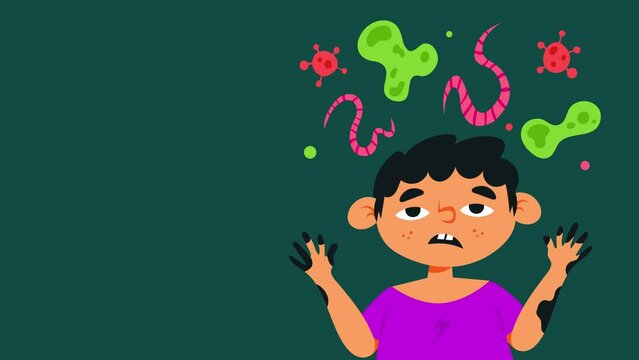 Child immune system. Sick sad kid with dirty hands. Viruses, bacterias, worms around. Immune kid protection, immunity health human. 4K animated video. Alpha channel.
