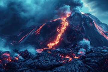 A fiery shield volcano unleashes a catastrophic eruption, spewing molten lava and billowing clouds of smoke into the vast mountainous landscape under a burning sky