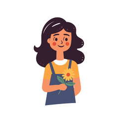 A happy girl holding a yellow flower is depicted in this vibrant vector illustration.