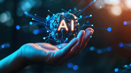 AI digital tool on human hand, abstract artificial intelligence on dark blue background. Futuristic technology and future. Concept of data, brain, connect, tech and research.
