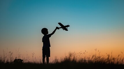 Fototapeta na wymiar Silhouette of boy playing with airplane toy against clear sky