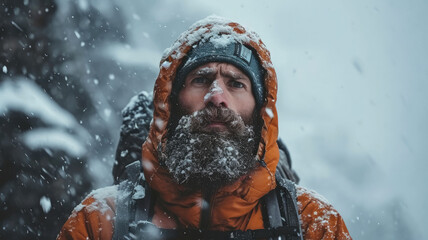 Face of serious bearded man during storm, portrait of climber with snow on blizzard background in winter. Concept of cold, ice, sport, climbing, frozen people, travel and frost