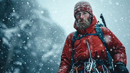 Serious climber walks during storm, portrait of bearded man with snow on mountain background in winter. Concept of cold, ice, sport, climbing, frozen nature, travel and frost