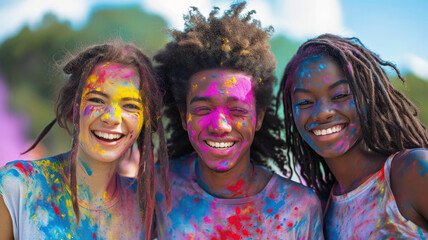Friends celebrating Holi festival in India, portrait of happy tourists with faces stained with...