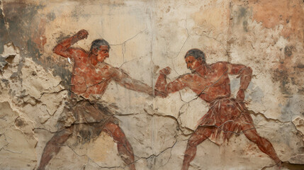 Ancient Greek or Roman fighters, antique scene with two men fighting in old cracked wall fresco, vintage painting. Theme of art, Greece, Rome, sport, competition, wrestling
