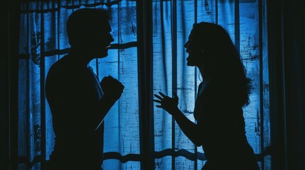 Silhouette of couple fighting each other, arguing and yelling at one another. Young man and woman shouting in anger. Candid behind closed doors
