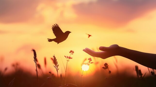 silhouette of bird flying out of Girl child hand on beautiful background. freedom concept ,International Working Women's Day