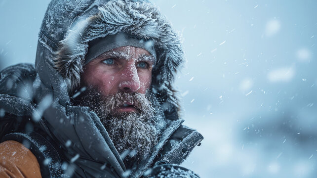 Face of serious man during storm, portrait of bearded climber with snow on snowstorm background in winter. Concept of cold, ice, sport, climbing, frozen people, nature and frost