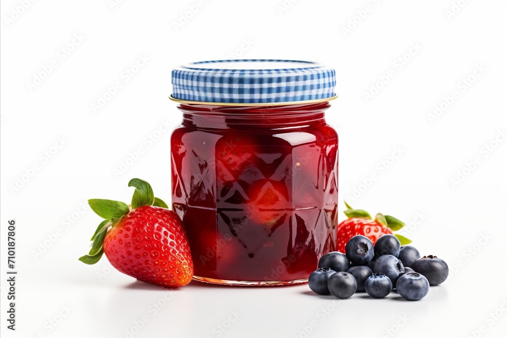 Poster delicious mixed berry jam isolated on white background with ample copy space for text placement