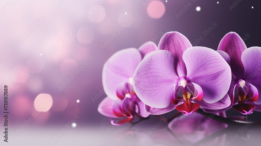 Poster purple orchid on right side with magical bokeh background and text placement on left side