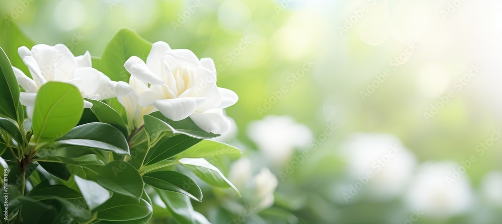 Poster white gardenia flower with magical bokeh background and copy space for text placement