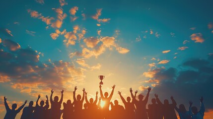 Obraz premium Success of teamwork, joint achievement of goal in business and life. Winning team is holding trophy in hands. Silhouettes of many hands in sunset.