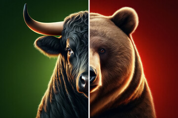 Stock market rivals the bull and the bear. A side by side split image of bull and bear portrait. Green and red backgrounds symbolise the different sentiments