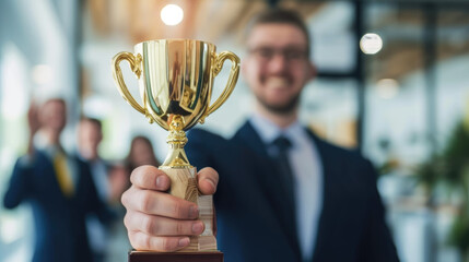 A businessman with a gold trophy, celebrating with his team in the office, captured against a blurred background.