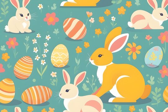 Flat Vector Design of a easter rabbit in cartoon style, background image, generative AI