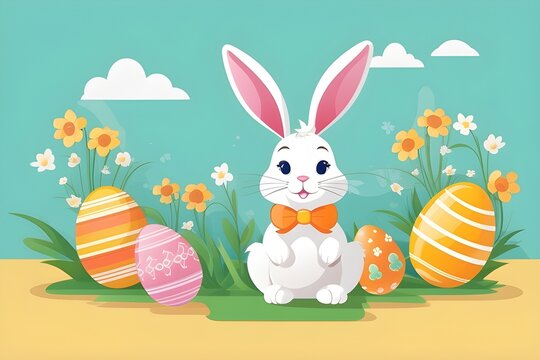 Flat Vector Design of a easter rabbit in cartoon style, background image, generative AI