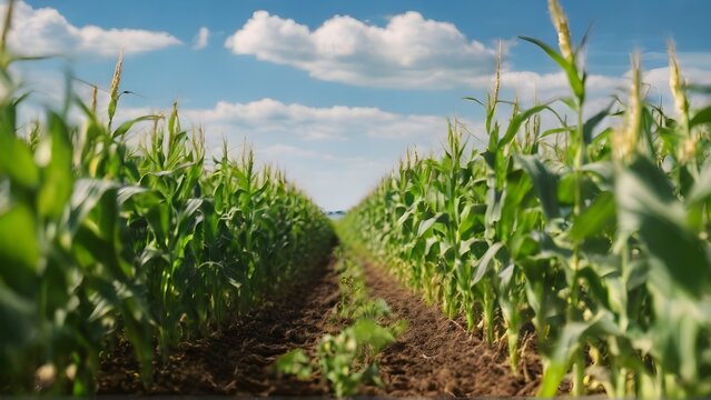 A lush corn field against a bright blue sky background, background image, generative AI