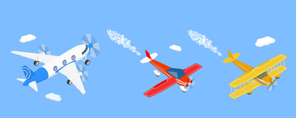 3D Isometric Flat Vector Illustration of Flying Vintage Airplanes, Transportation and Aviation