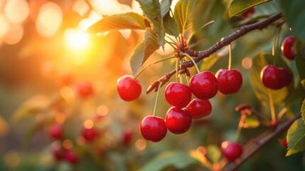 Fototapeta premium Branch of Maturing red cherries during sunset.