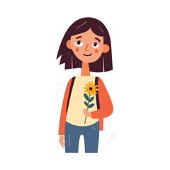 A smiling girl is holding a sunflower in a simple vector illustration.