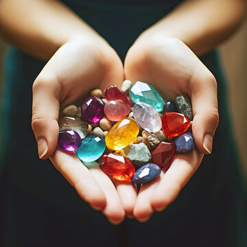 hands holding crystal healing stones, ai generated.