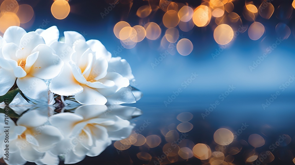 Poster elegant white gardenia on right side with enchanting bokeh background and ample text space on left.