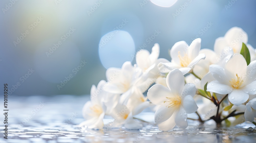 Poster white gardenia on isolated magical bokeh background with copy space for text placement